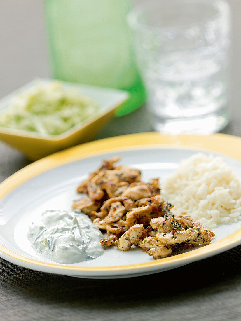 Pan-fried chicken gyros with coleslaw, rice, and tzatziki sauce