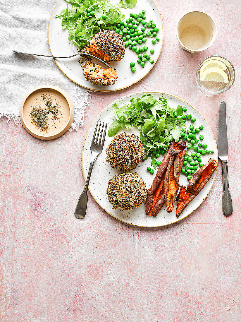 Quinoa-coated salmon and sweet potato fishcakes