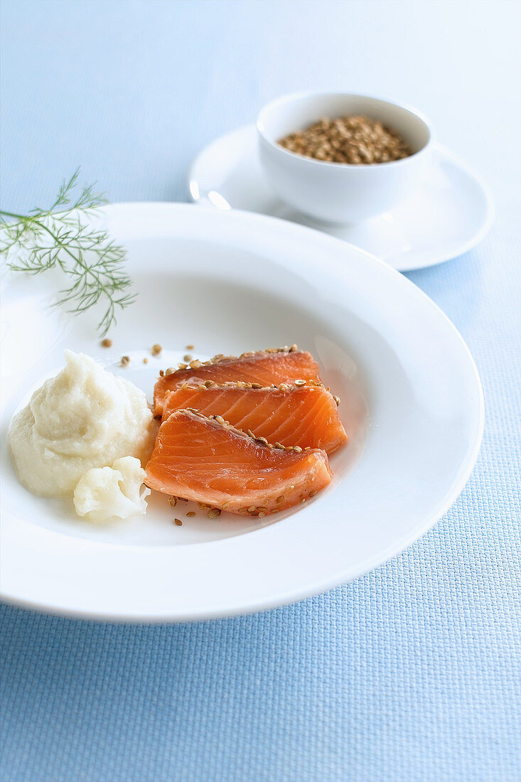 Home-smoked salmon with cauliflower puree