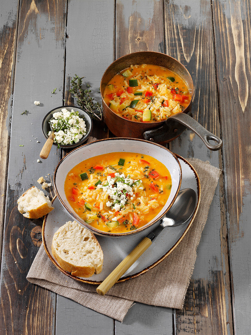 Rice soup with feta, mint, and gremolata