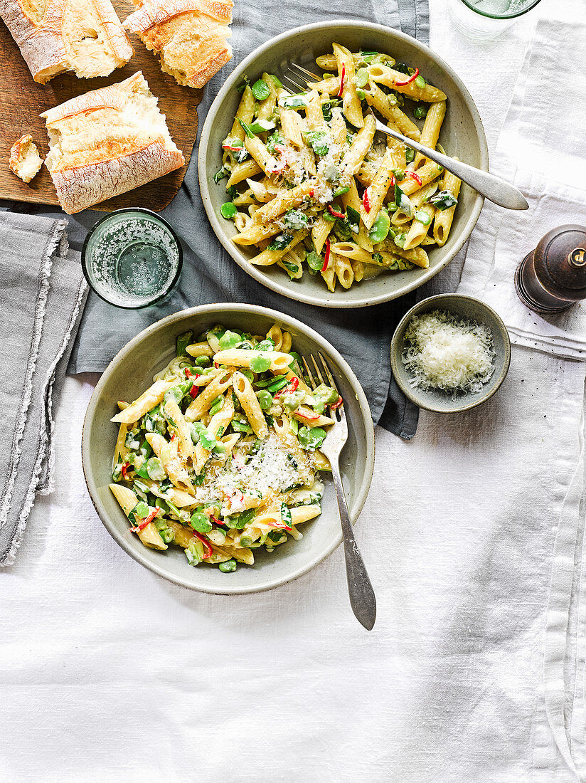 Broad bean, mint and chilli pasta