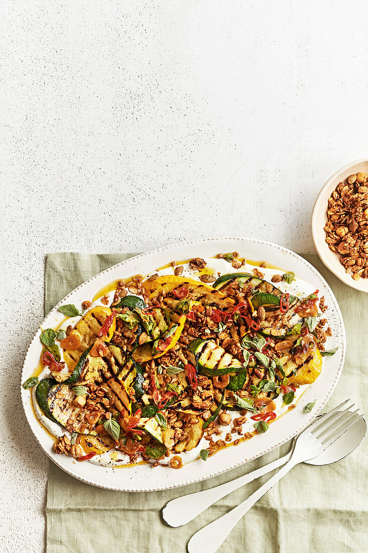 BBQ courgettes with labneh and savoury granola