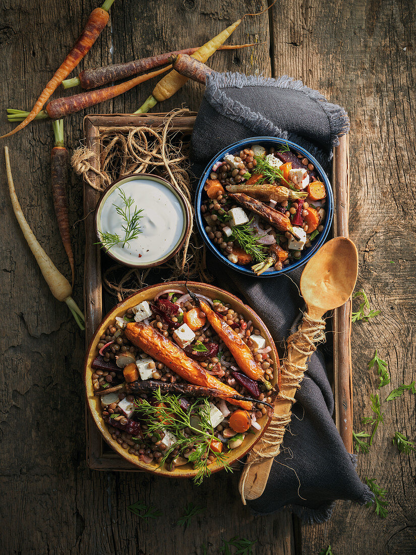 Vegetarian lentil stew with carrots and feta