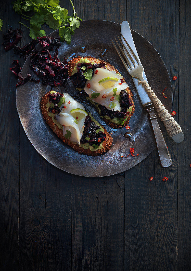 crostini with red cabbage and smoked cod