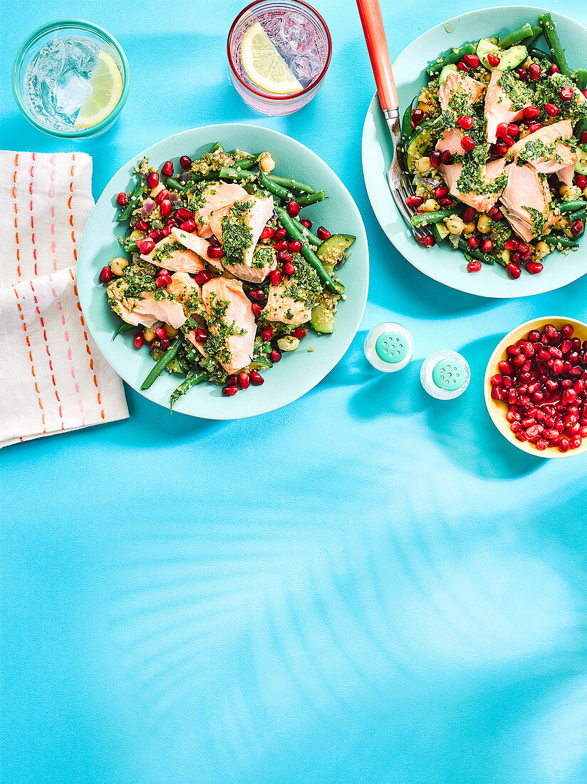 Coriander salmon with curried quinoa and pomegranate