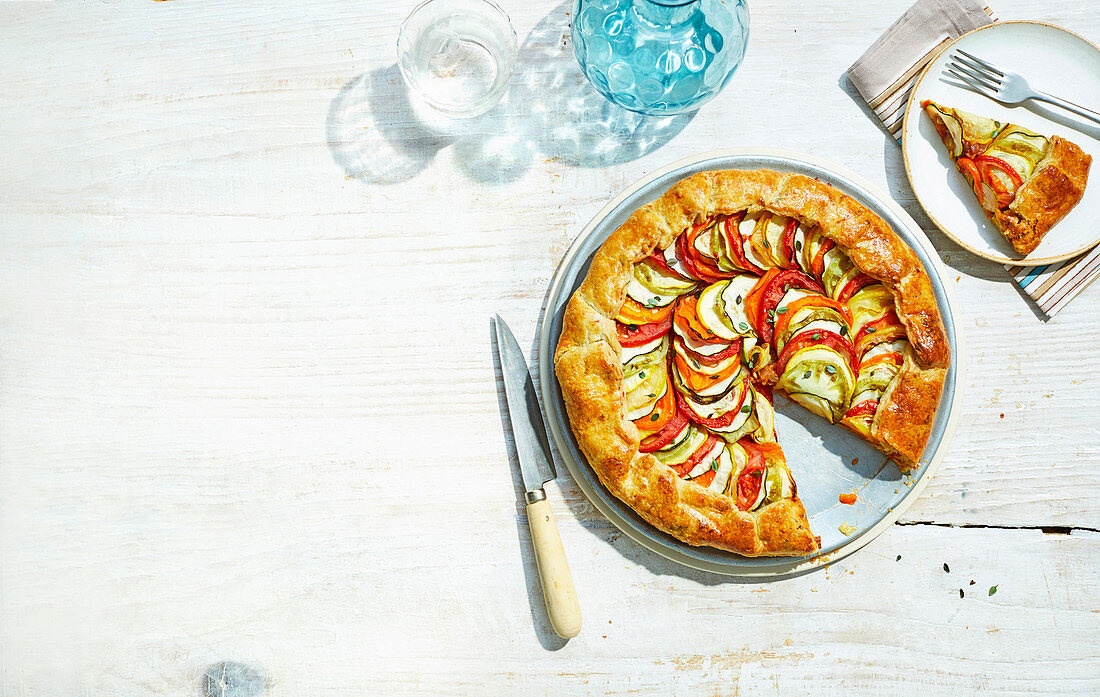 Ratatouille tart with flaky cheddar