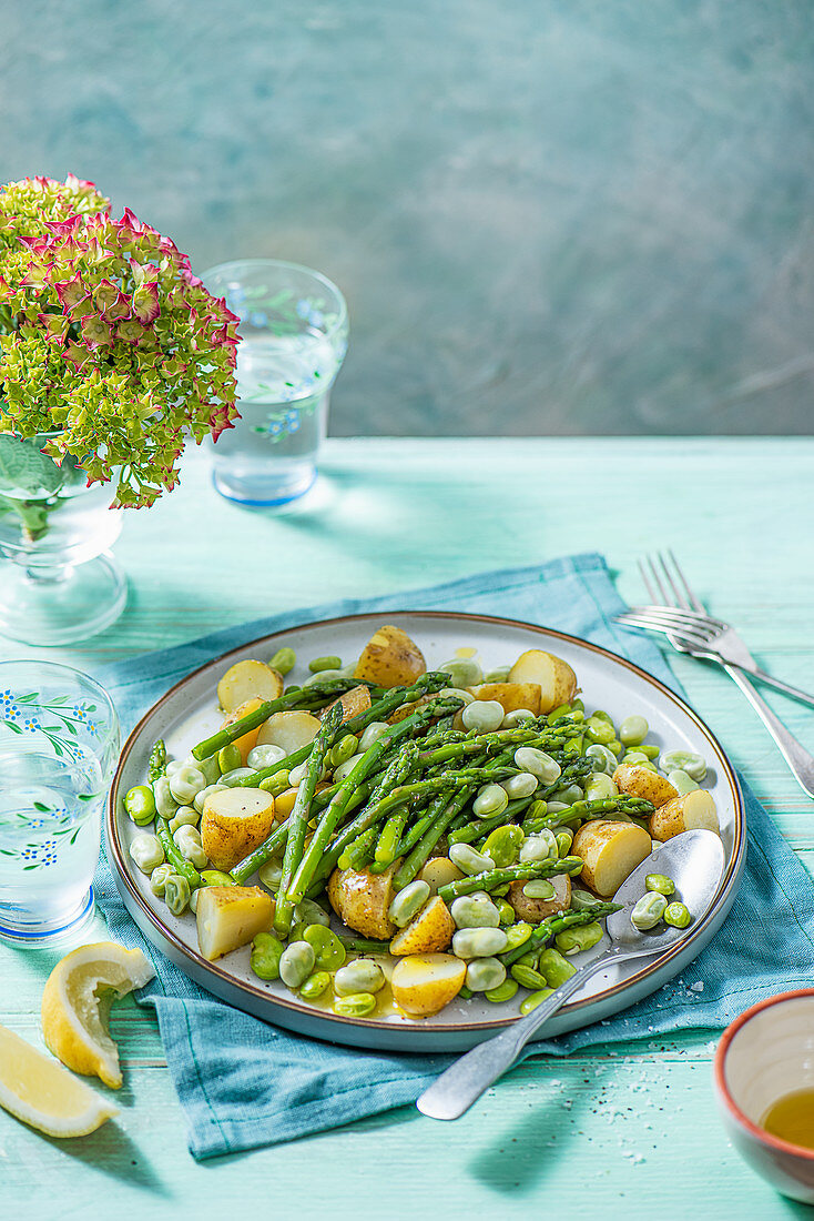 Assparagus, broad bean and new potato salad with olive oil and lemon