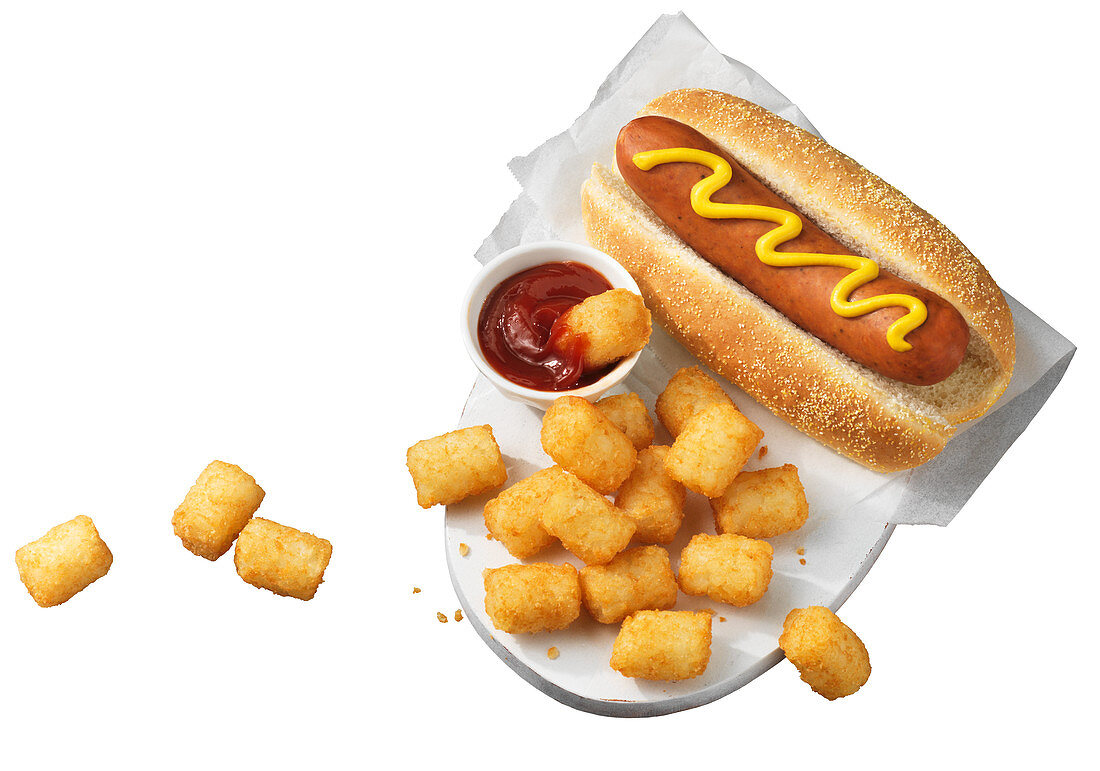 Tater tots and hotdog with mustard and ketchup