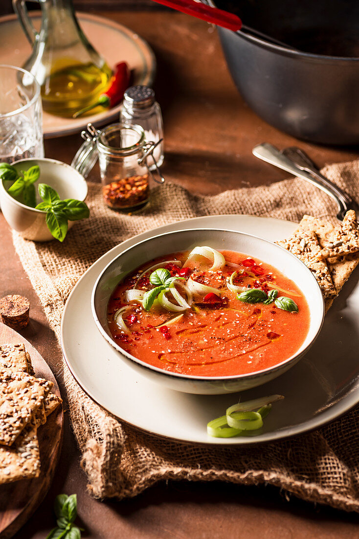 Tomato gazpacho with chilli pepper, basil and celery