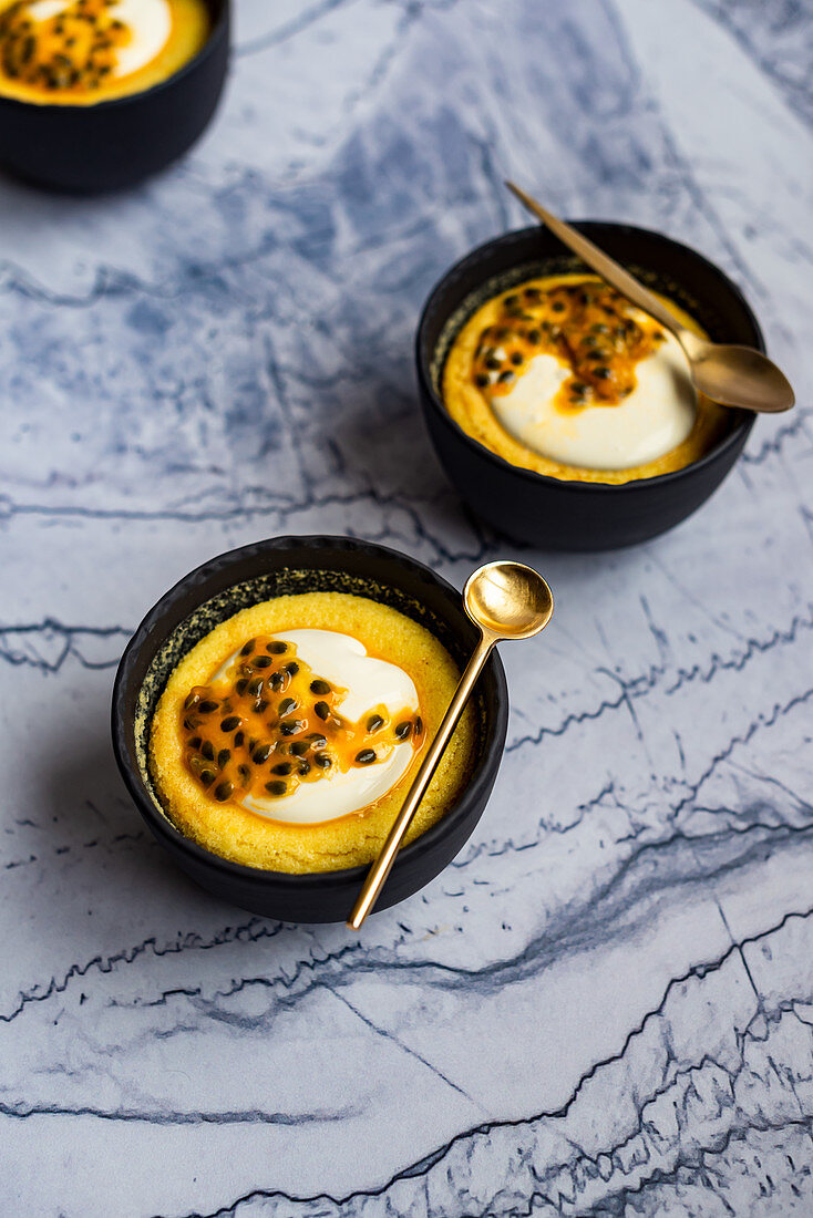 Passion fruit pudding with creme fraiche