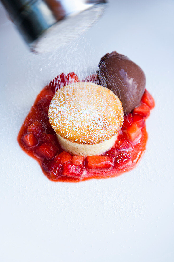 Quark soufflé with macerated strawberries and chocolate ice cream