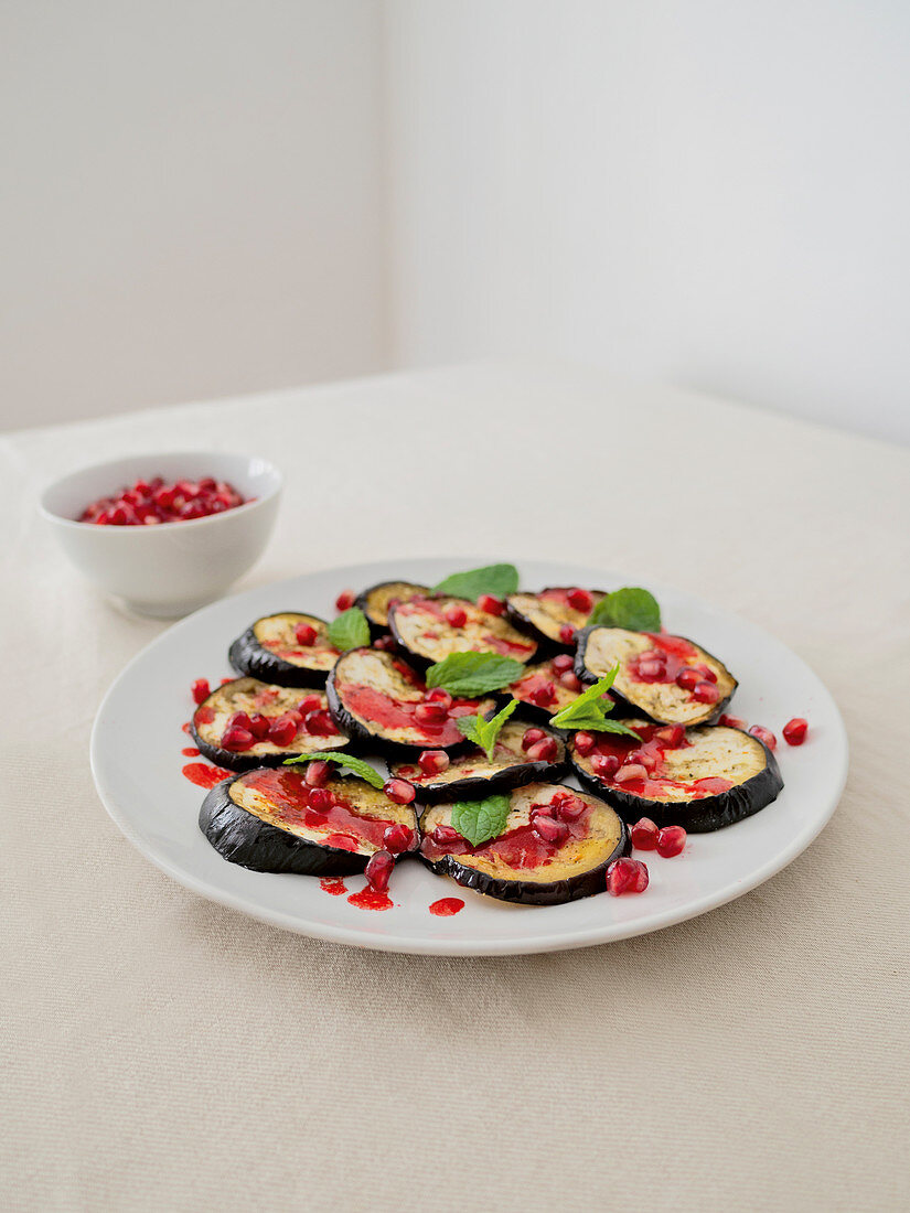 Roasted eggplant with mint and pomegranate dressing