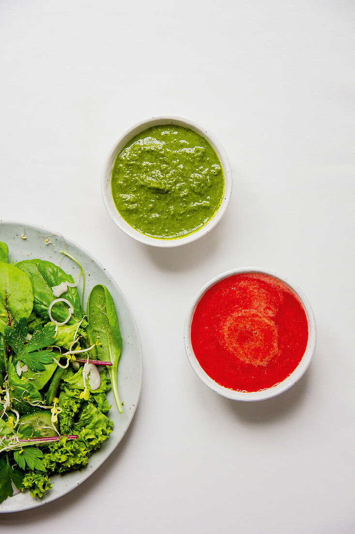 Green herb sauce and hot chili sauce