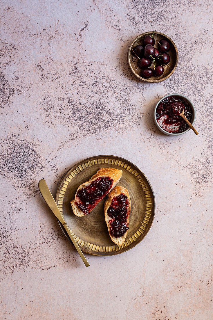 Two slices of toast with Cherry Jam