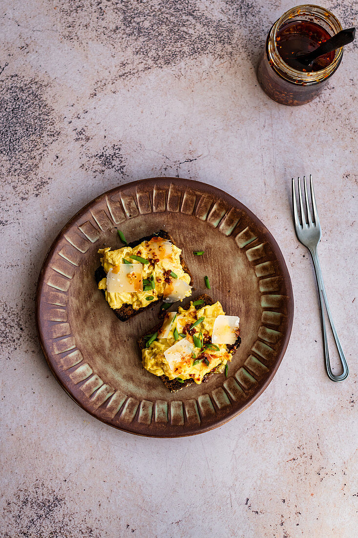 Miso Butter Scrambled Eggs on Toast with Chili Oil