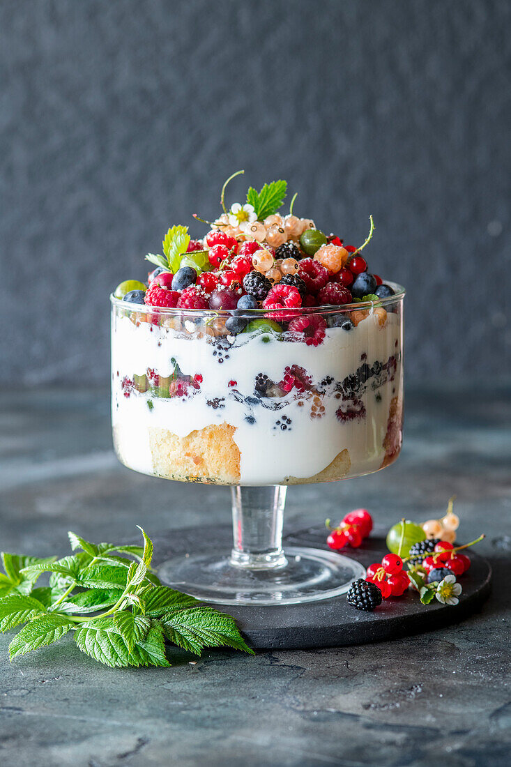 Beeren-Trifle mit Joghurtcreme und Vanillebiskuit