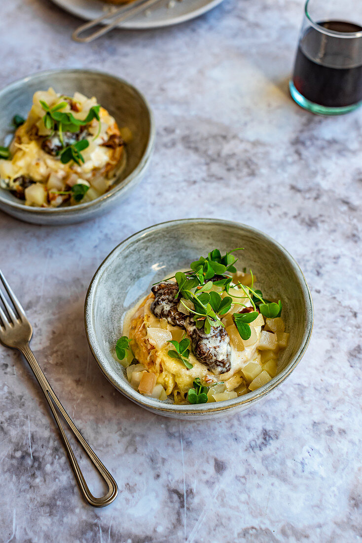 Twice Baked Cheese Souffle with Jerusalem Artichokes, Pear, Walnut and Sorrel