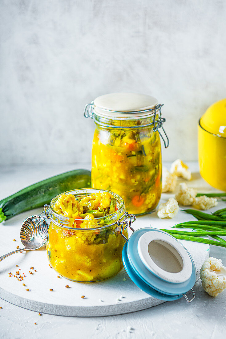 Piccalilli made with couliflower, beans, courgettes, carrots, onions and spices