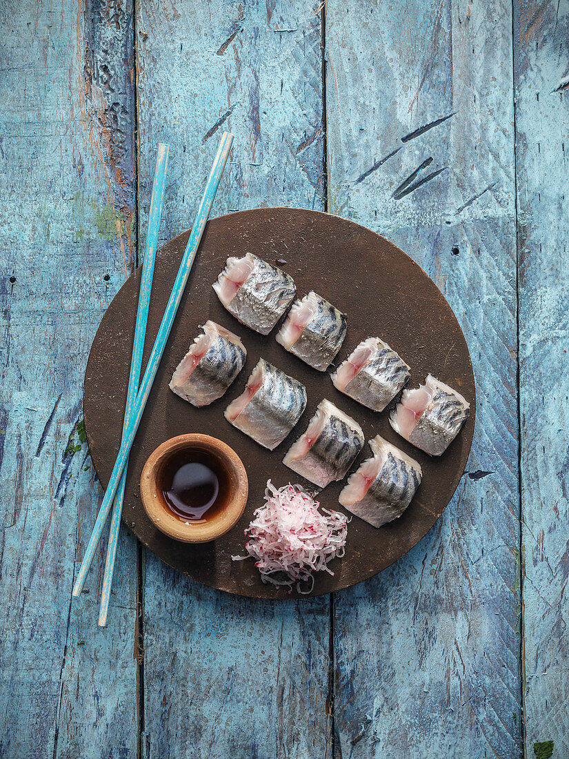Raw marinated mackerel with radishes