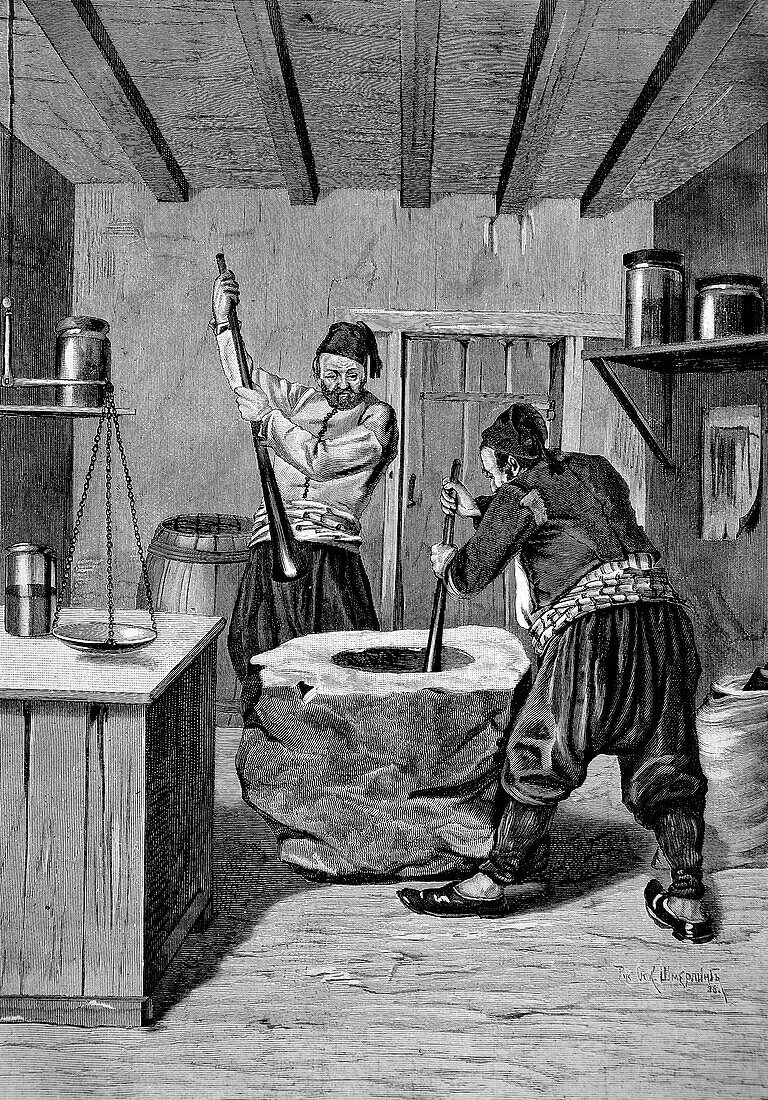 Grinding burnt coffee, Turkey, 19th century illustration