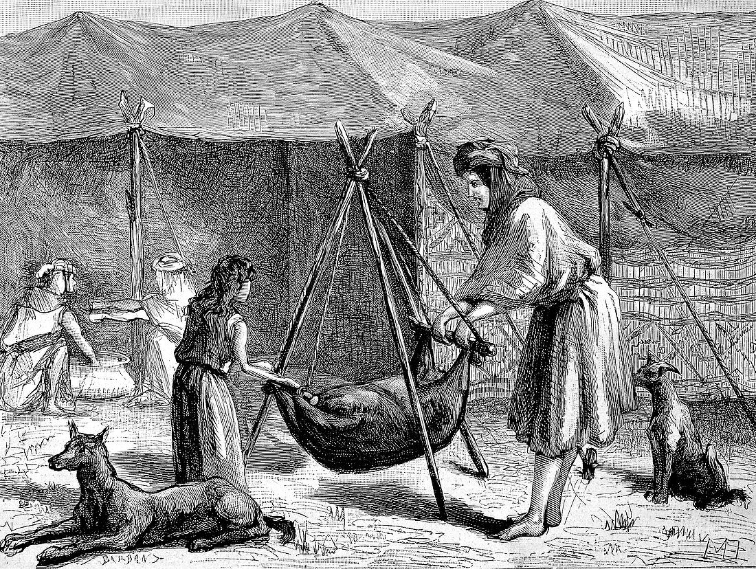 Persian nomadic tribe preparing of cheese, illustration