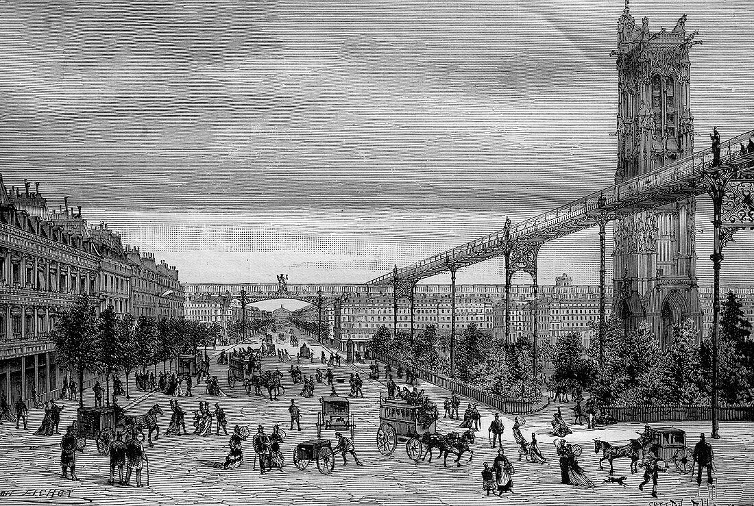 Paris light rail project, France, 19th century illustration