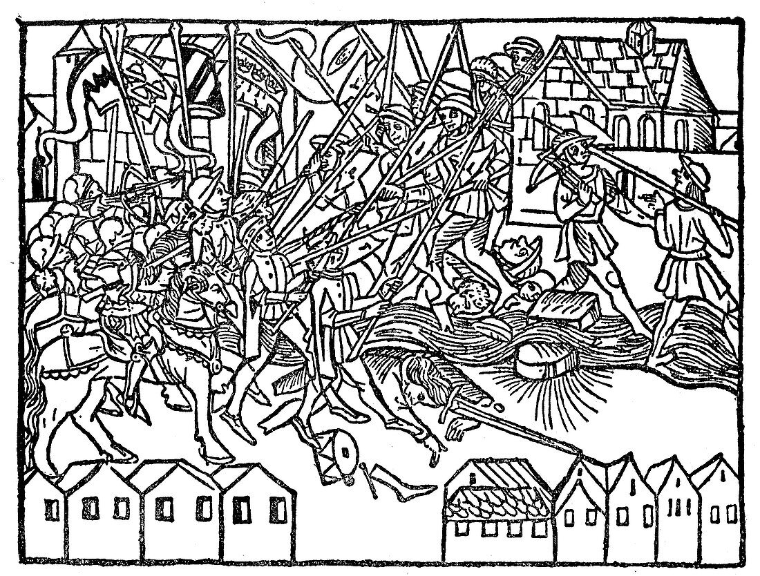 Medieval street fighting, Cologne, 15th century illustration