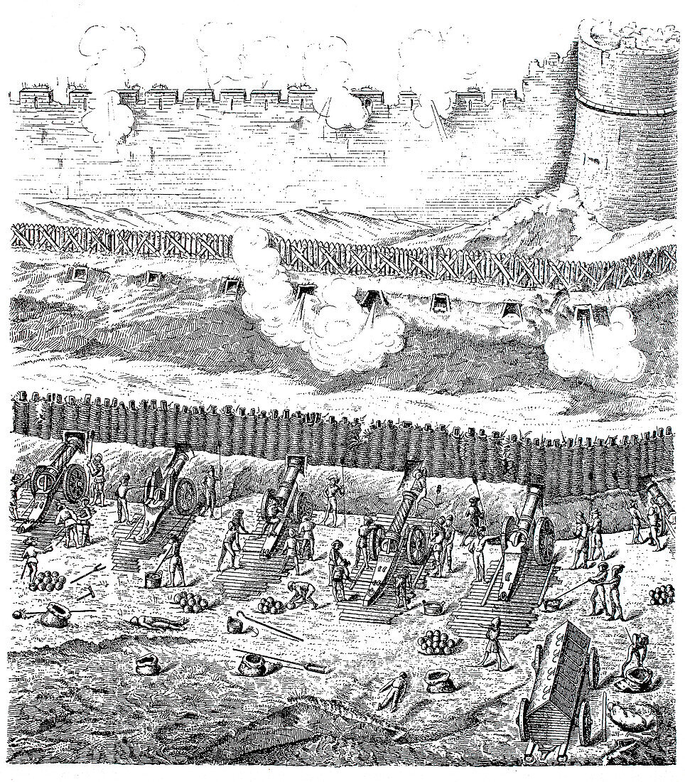 Siege battery, 19th century illustration