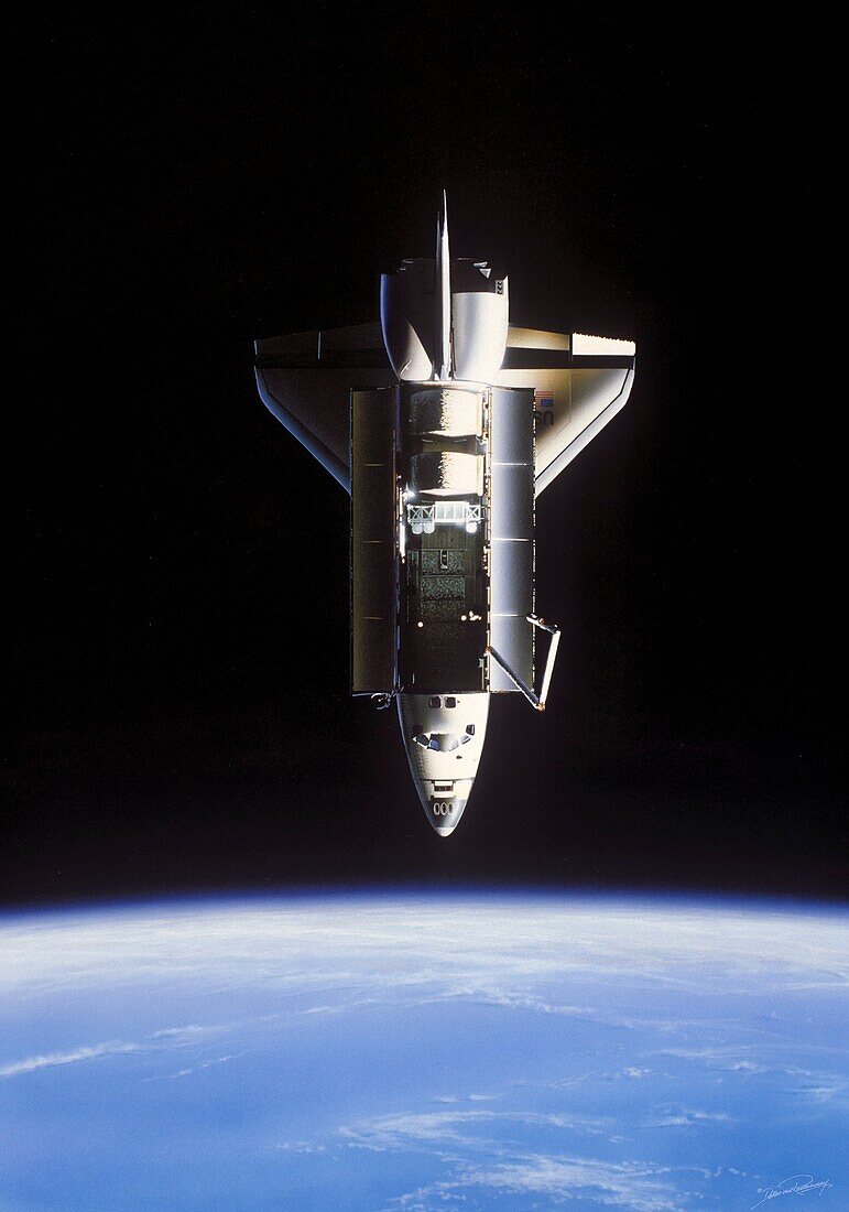 Space shuttle Challenger in Earth orbit, illustration
