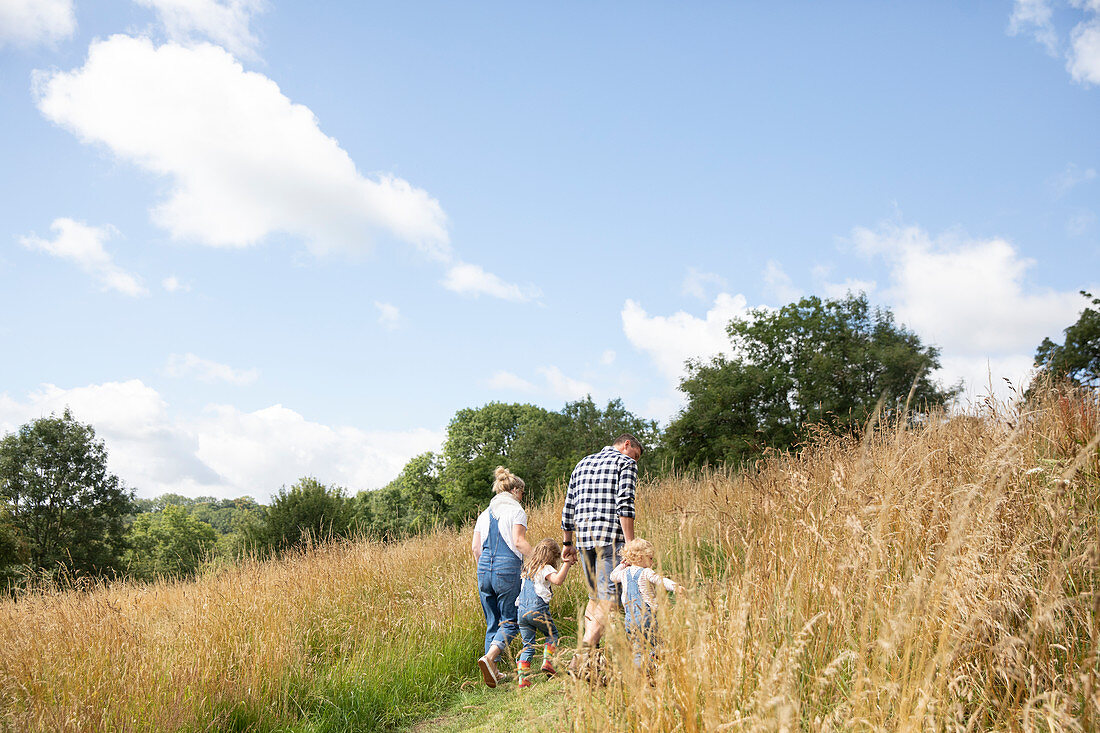 Family holding hands walking up a hill