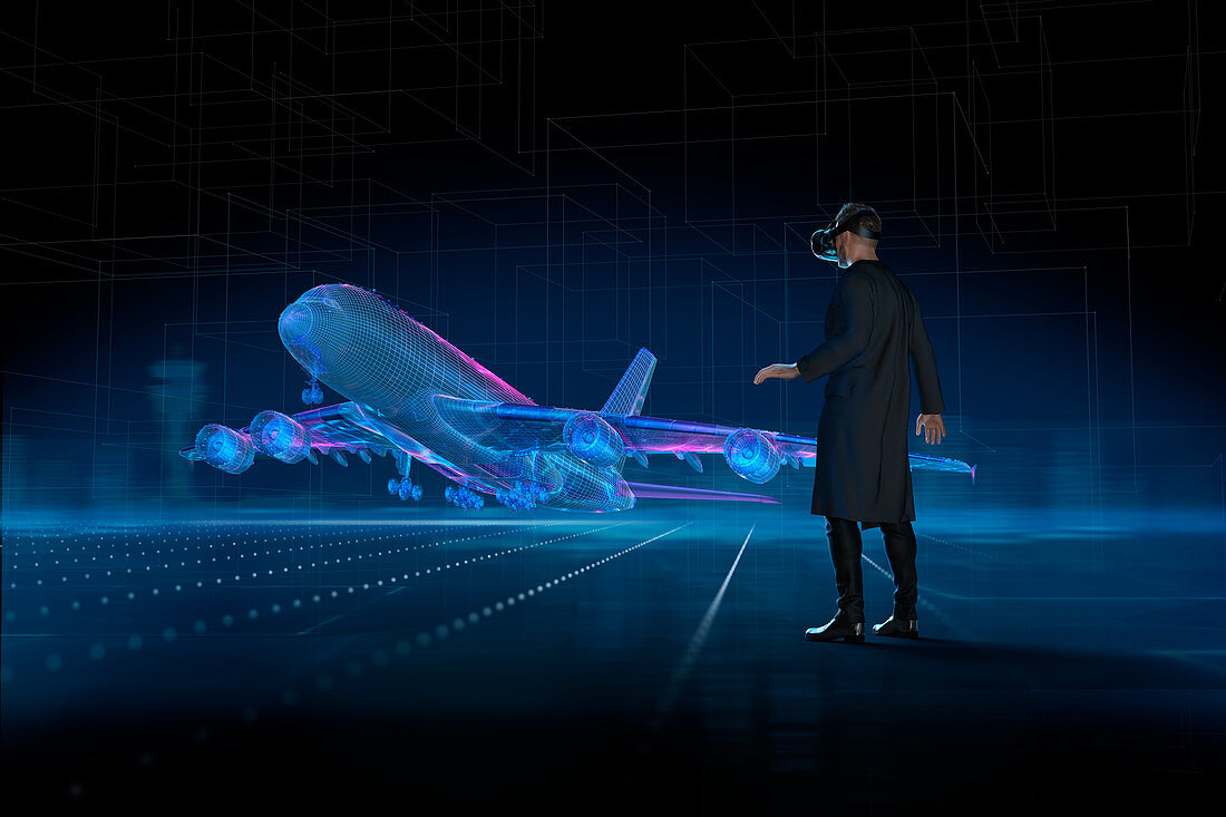 Man with VR headset watching holographic airplane takeoff