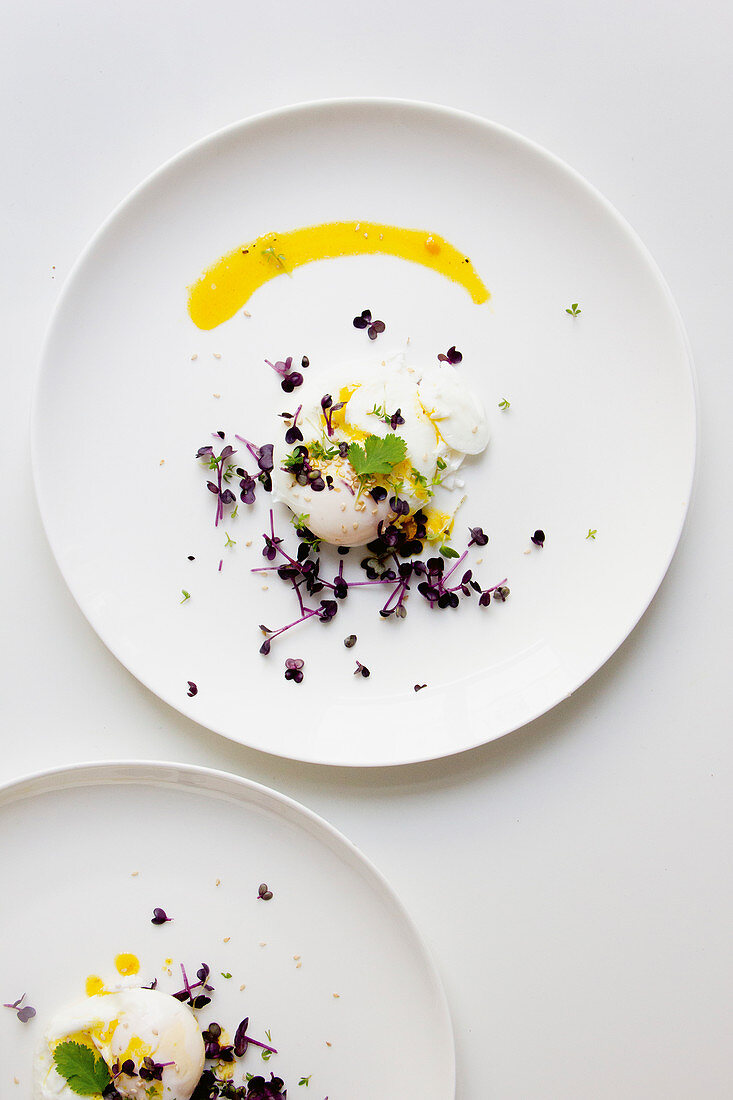 Poached eggs with aromatic orange sauce and microgreens