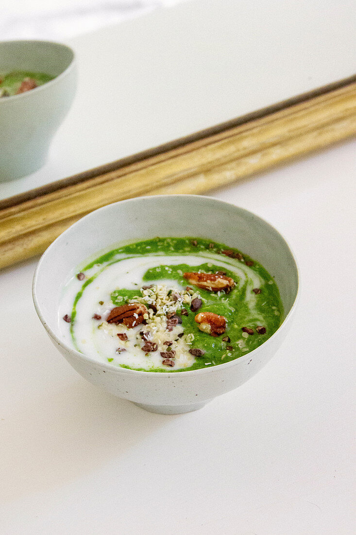 Green vegetable bowl with soy milk