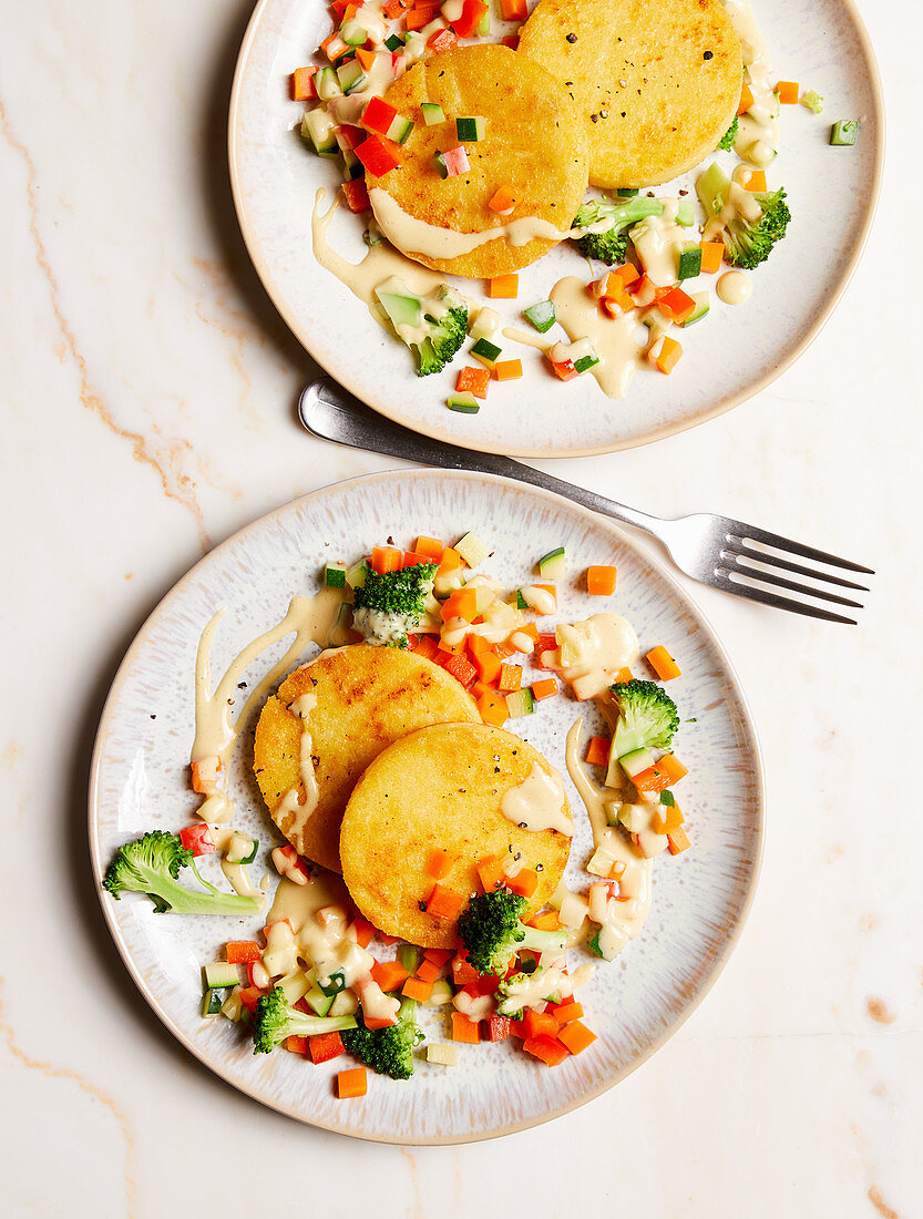 Polenta fritters with vegetables and cashew cream