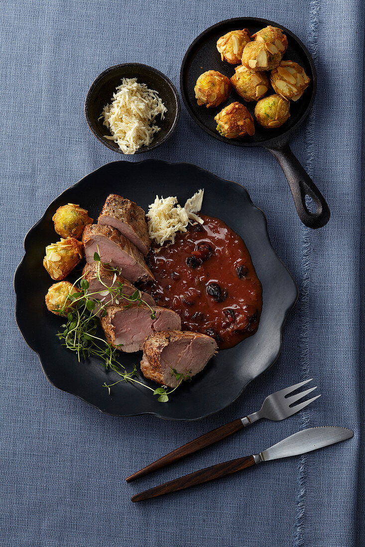 Pork sirloin with cranberry sauce and horseradish