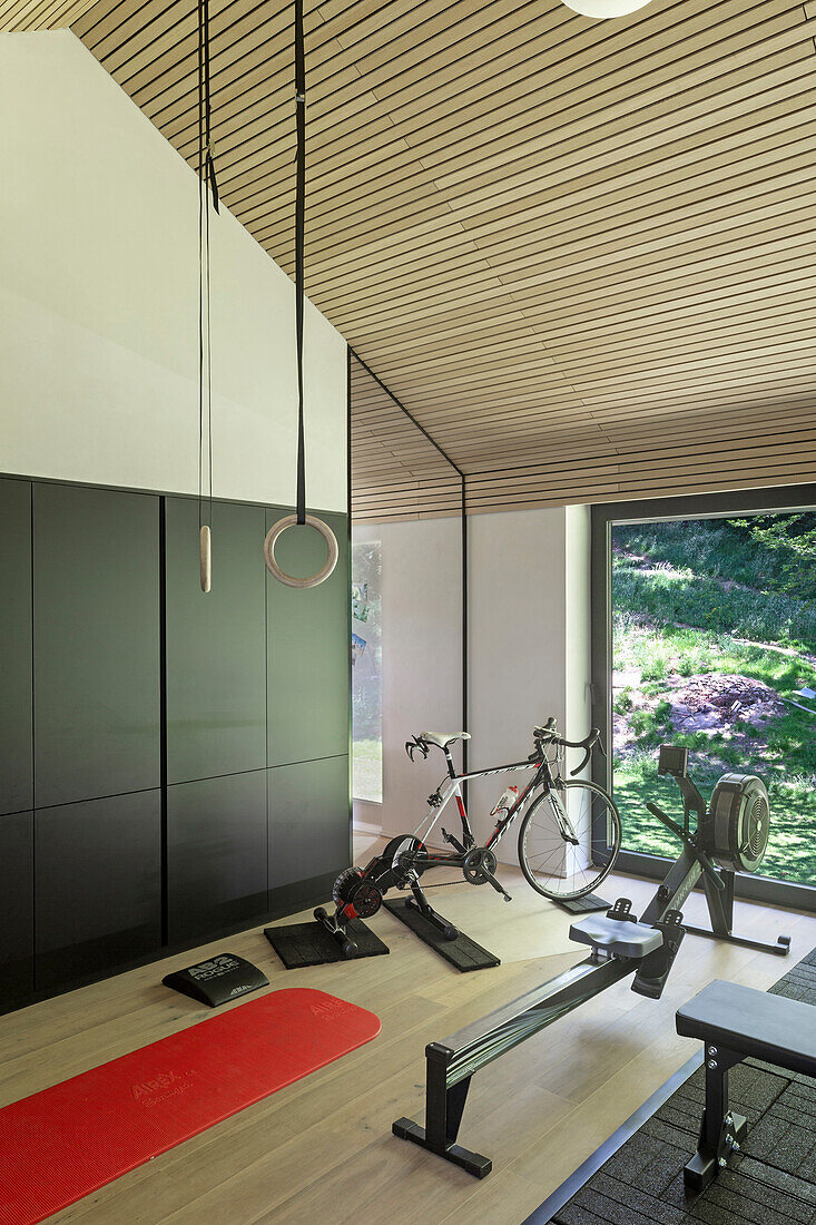 High-ceilinged fitness room with sports equipment and fitted cupboards
