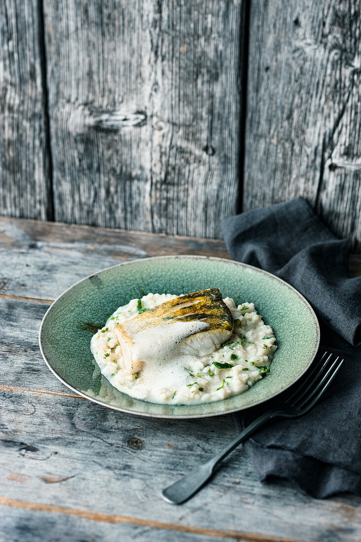 Zander fillet with lemon foam and risotto
