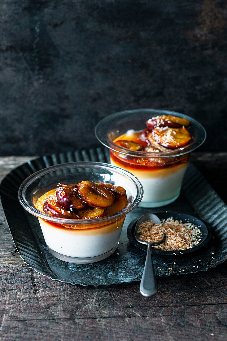 Coconut pudding with caramelised damsons