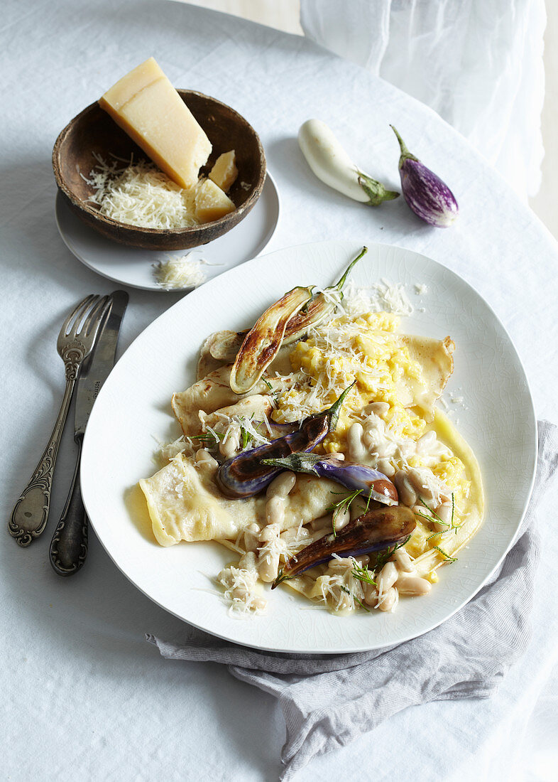 Pancakes with scrambled eggs and beans