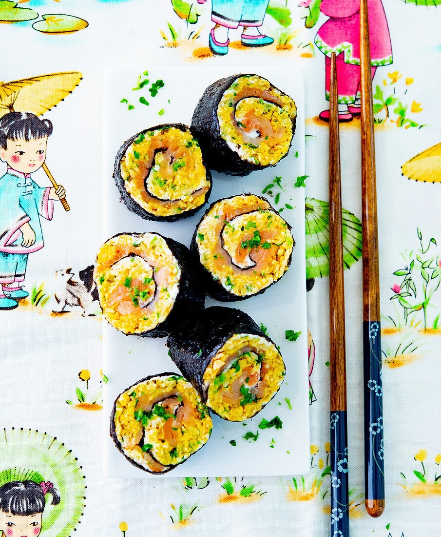 Nori rolls with egg and salmon