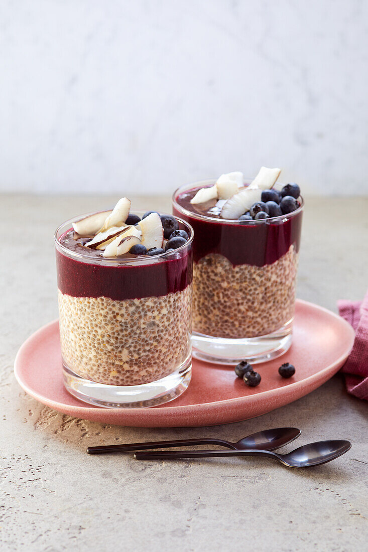 Vegan chia pudding with acai and blueberries