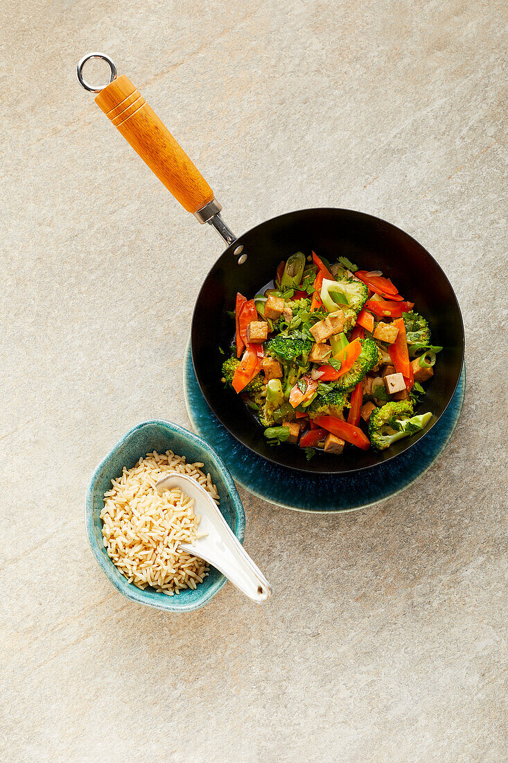 Asian vegetable tofu dish with rice