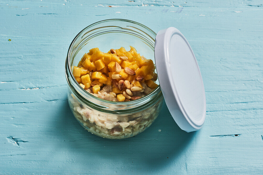 Fruit rice with soft dates, mango and rice flakes