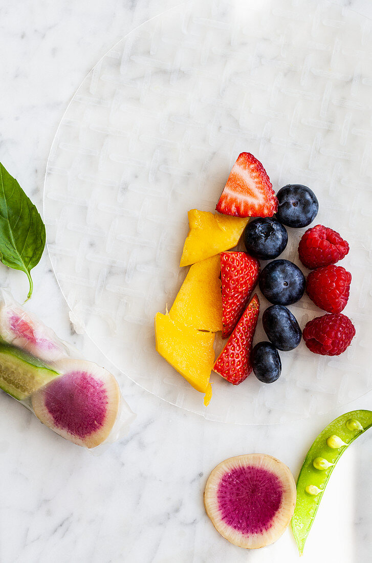 Ingredients for raw fruit and vegetable spring rolls