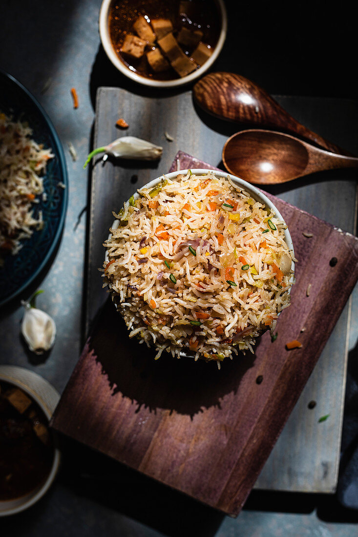 Fried rice served with Schezwan tofu