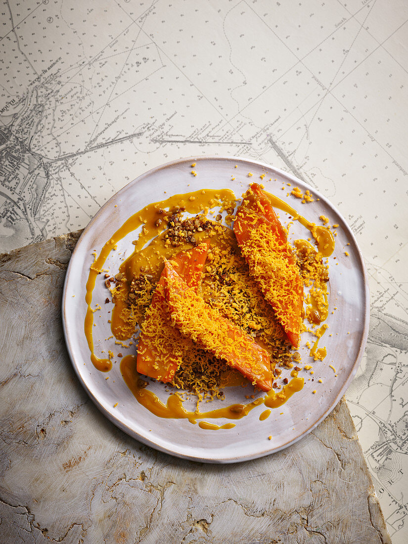 Carrots with buckwheat granola and Westcombe red cheese