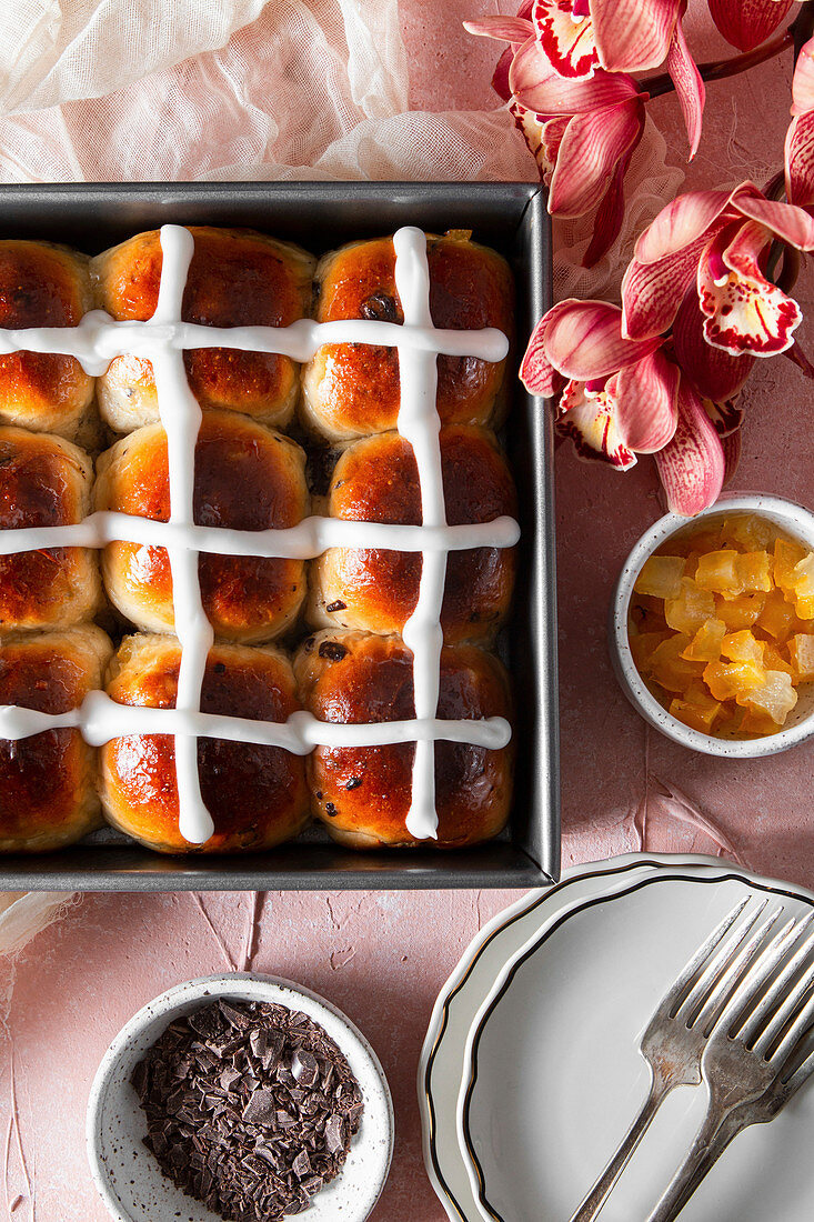 Candied citrus and chocolate Hot Cross Buns