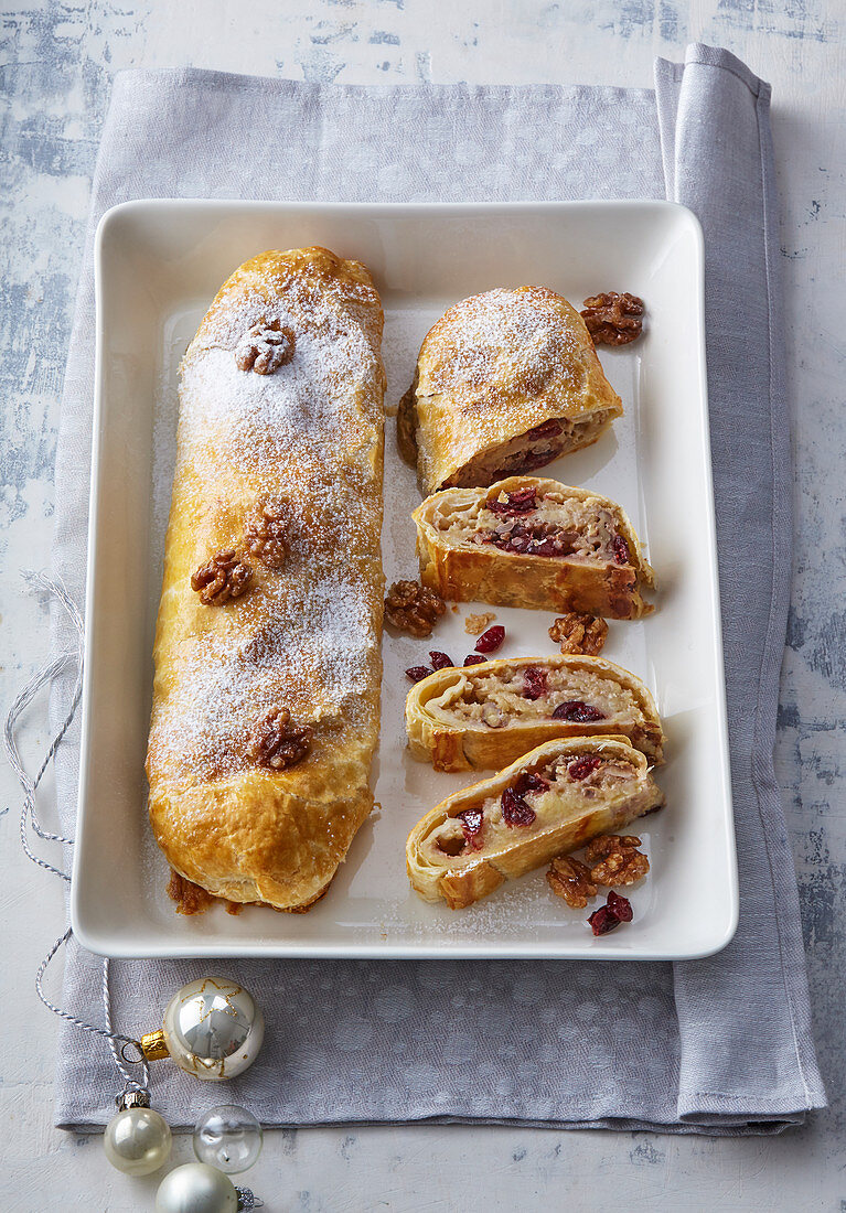 Apple strudel with walnuts and cranberries