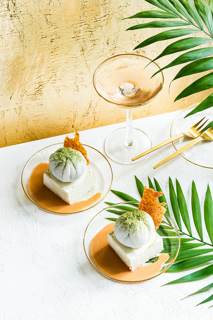 Matcha mochi with coconut parfait and a whiskey caramel sauce