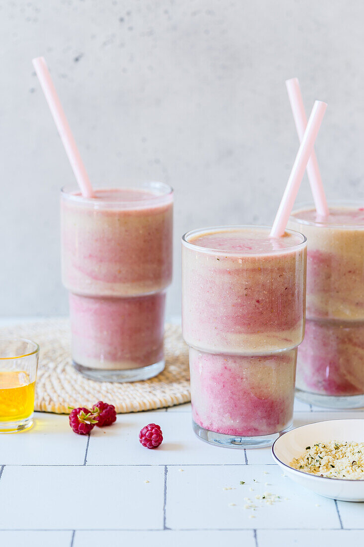 Banana and Raspberry Swirl Smoothie with Almond Milk and Butter, Hemp Seeds and Sweetened with Agave Syrup